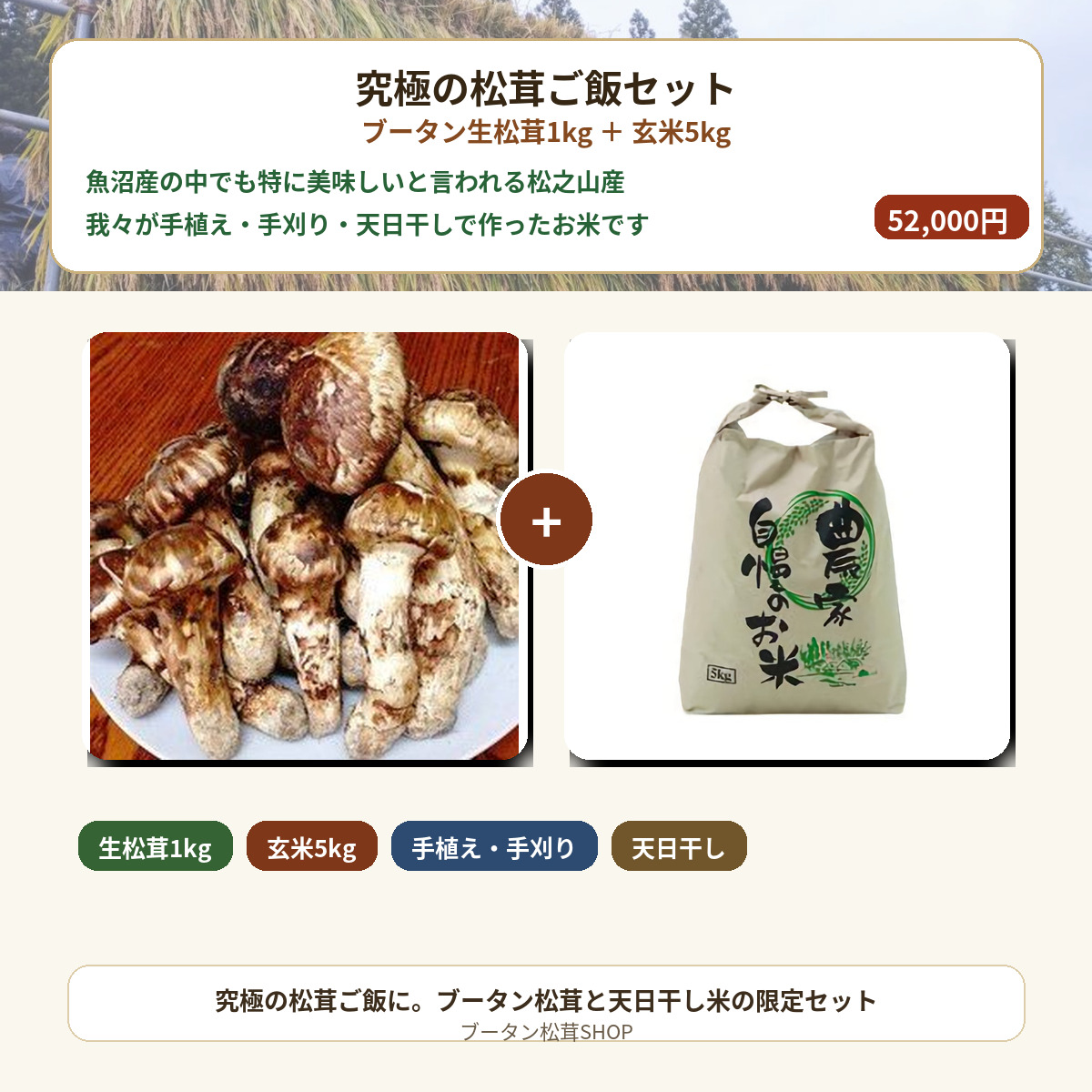 ブータン生松茸1kg＋魚沼産（松之山産）天日干しこしひかり 玄米5kgセット